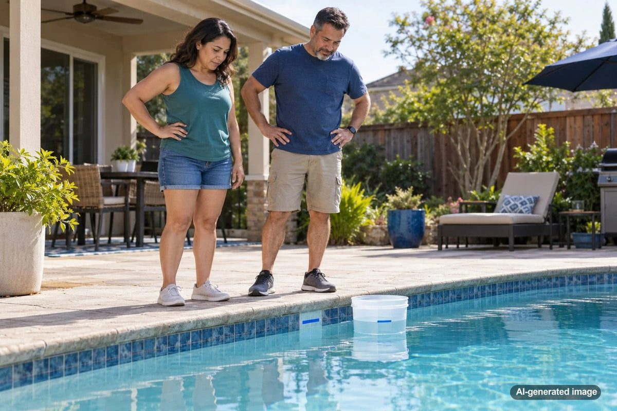 Pool bucket test comparing pool water loss with evaporation in a bucket
