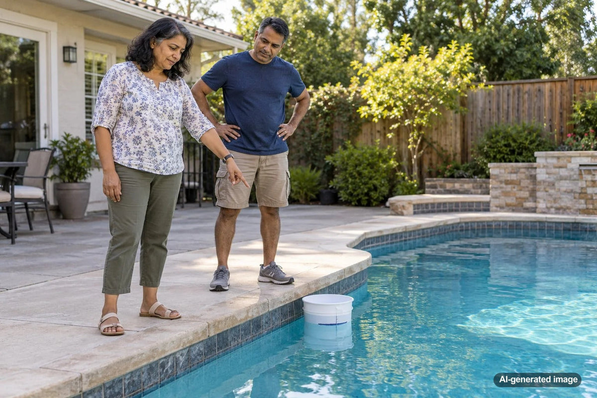 Pool water level being compared with bucket water level to check for evaporation or possible pool leakage