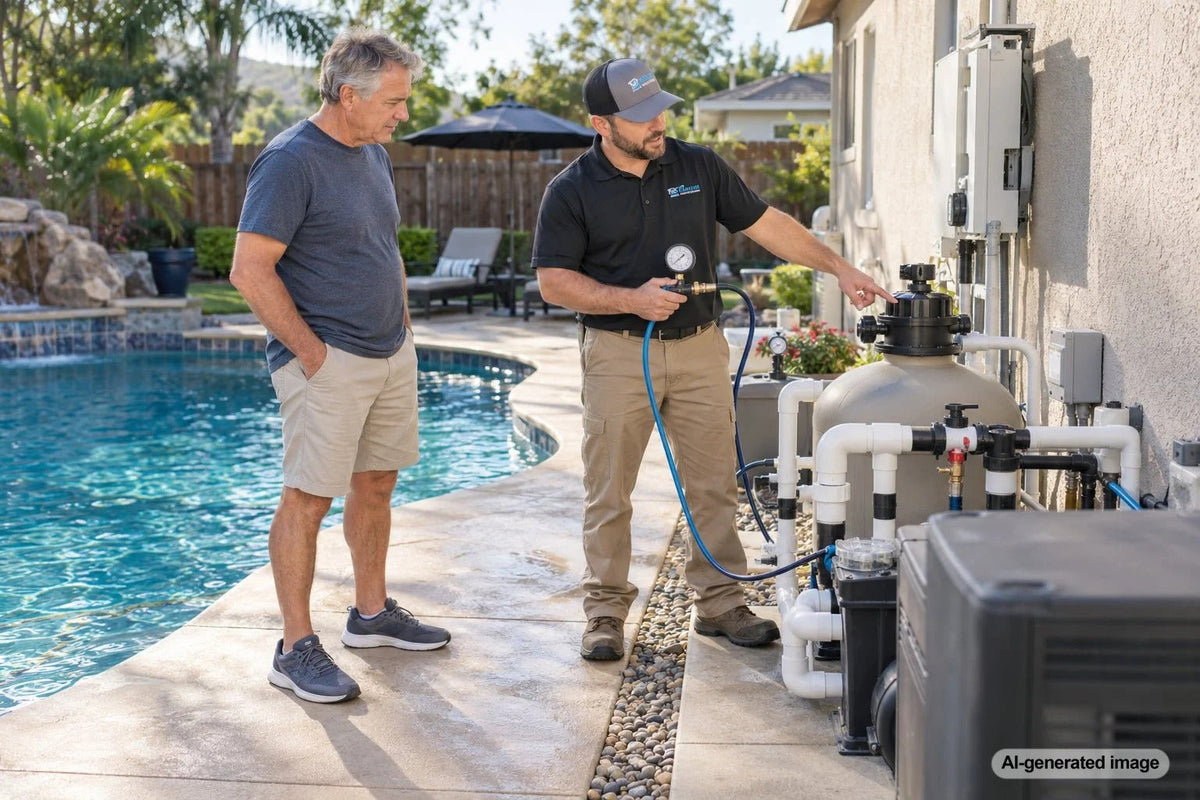 Professional pool leak detection specialist inspecting a residential swimming pool for possible water loss and hidden leaks