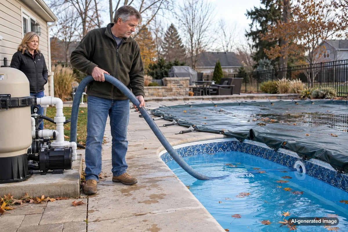 Winterized swimming pool return line and return jet prepared for freezing weather