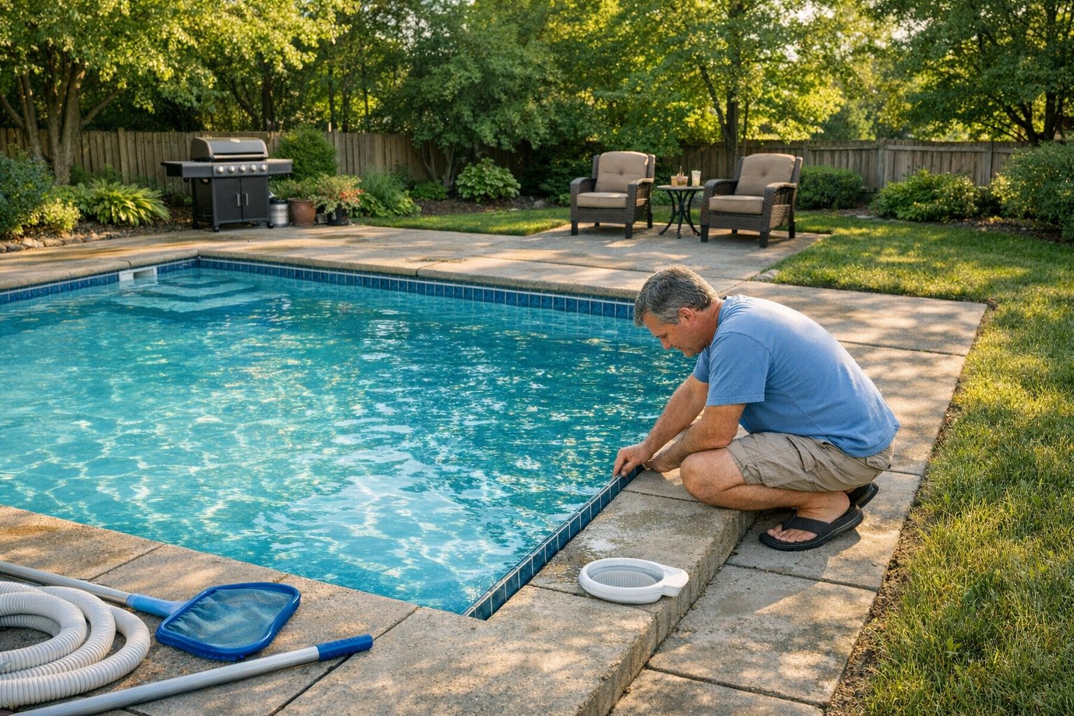 Backyard swimming pool showing practical size and depth considerations for homeowners
