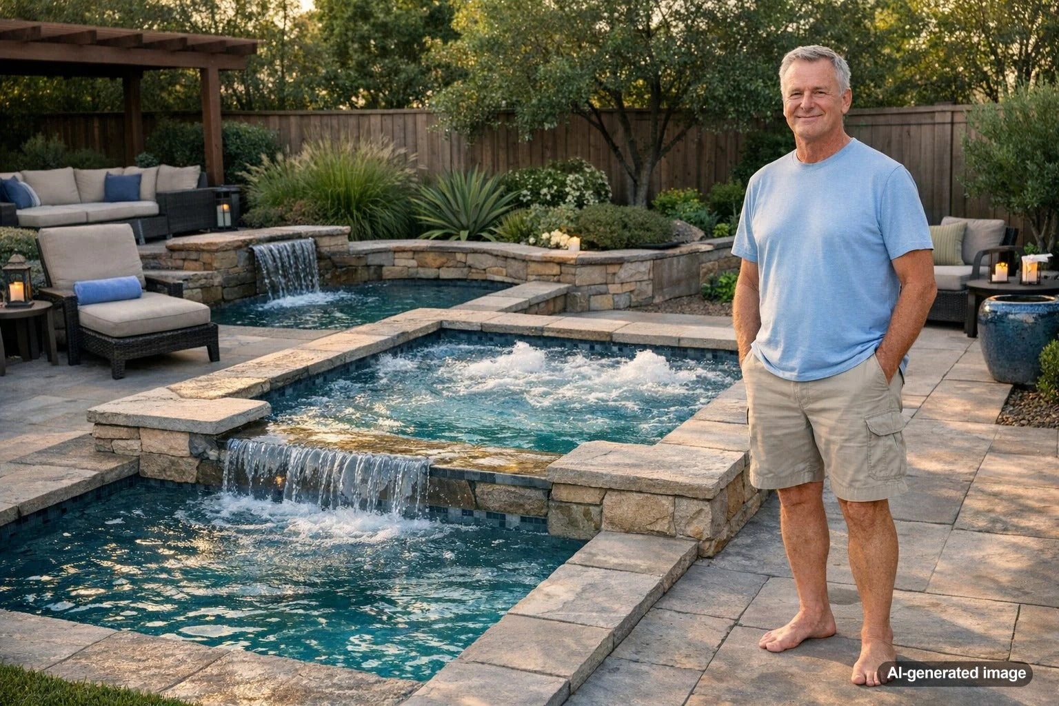 Compact backyard spool combining spa seating and small pool design