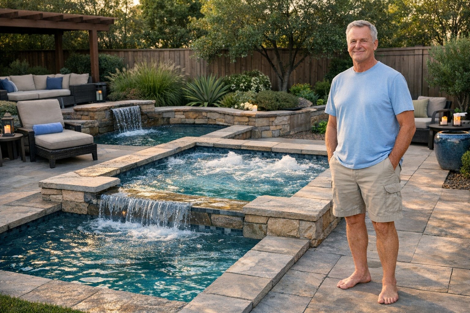 Compact backyard spool combining spa seating and small pool design