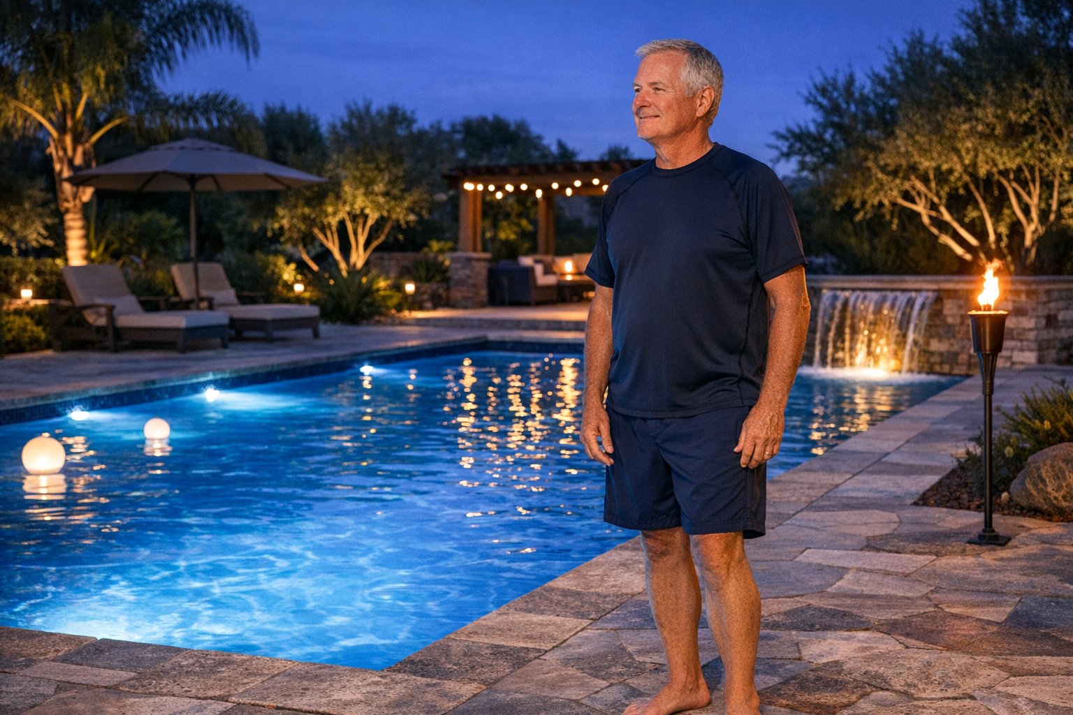 Swimming pool at night with illuminated water and deck lighting for safer evening swims