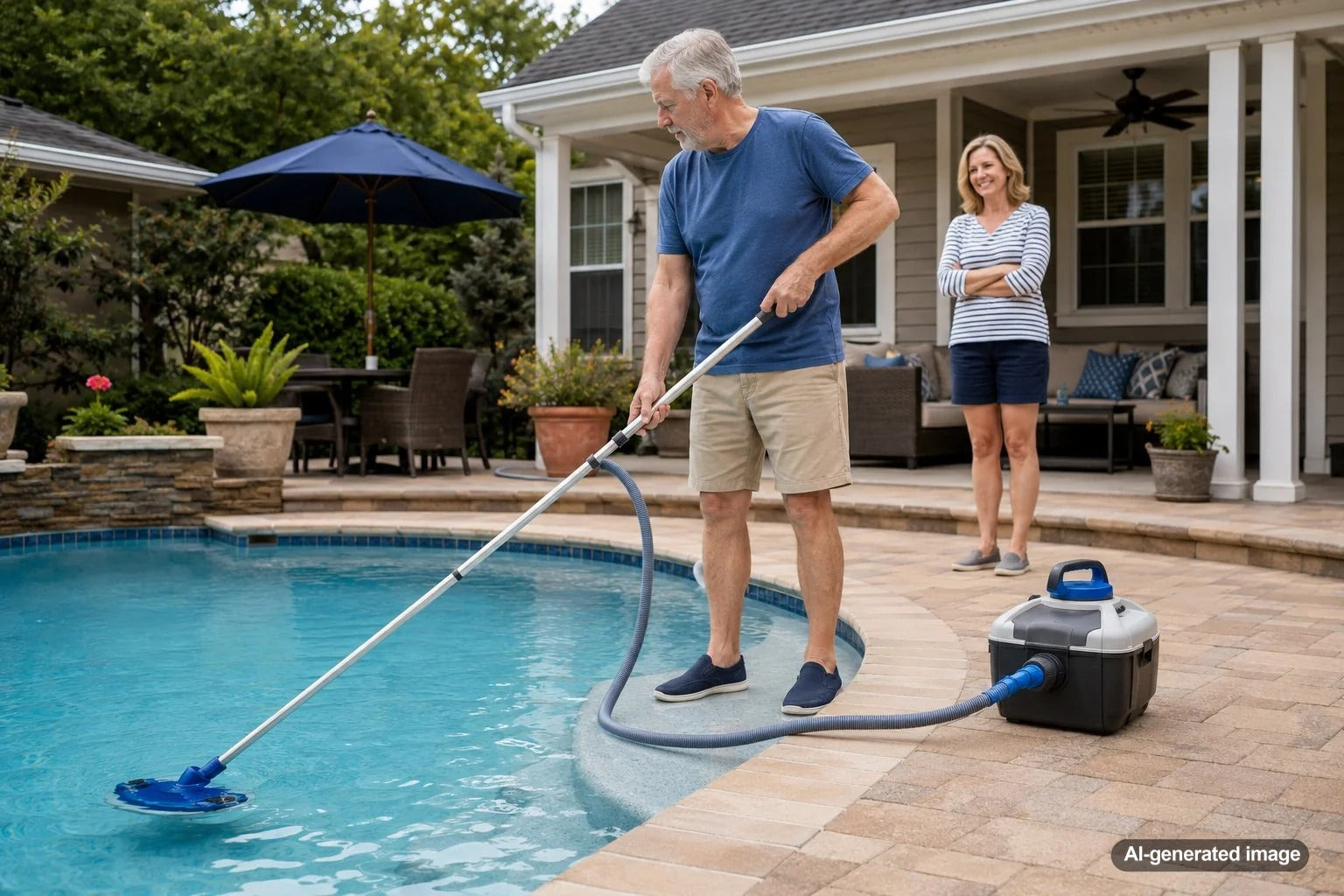 Pool vacuum cleaning fine dust and sand from the bottom of a swimming pool