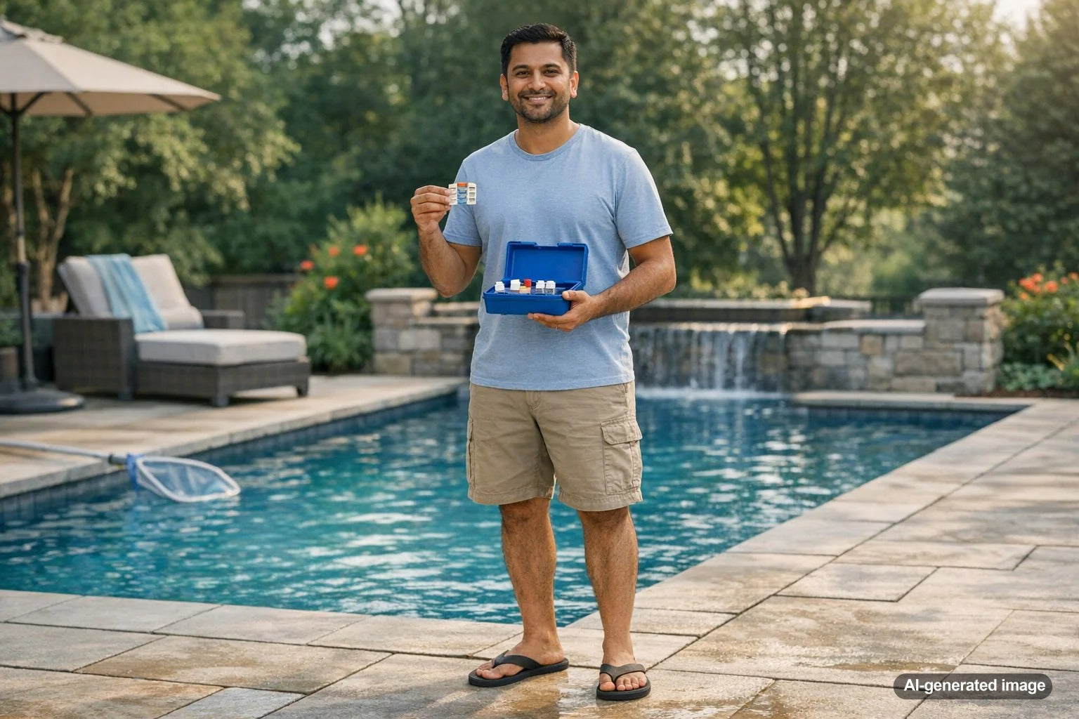 Backyard swimming pool installation planning scene showing a finished pool and patio during a favorable season
