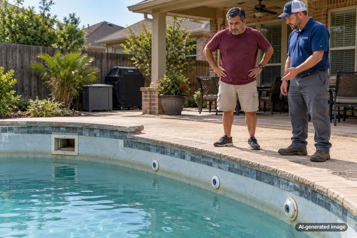 Swimming pool with water level dropping below wall fittings during leak troubleshooting
