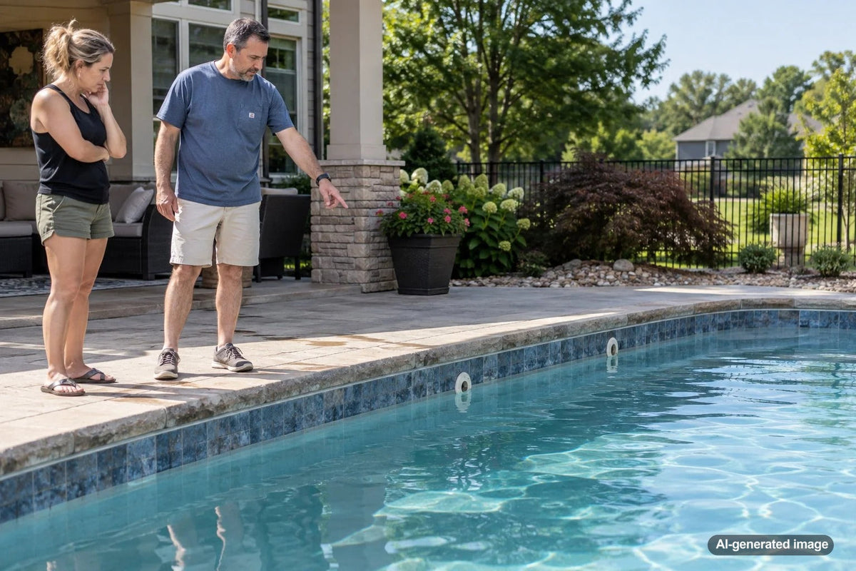 Pool water level stopped near the return jets while a homeowner investigates possible water loss