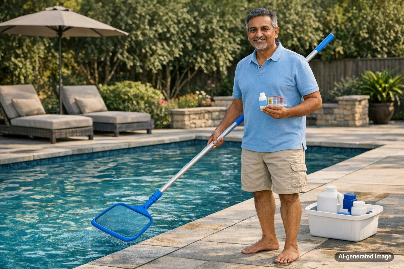 Pool owner performing weekly maintenance by skimming and checking water quality in a backyard swimming pool