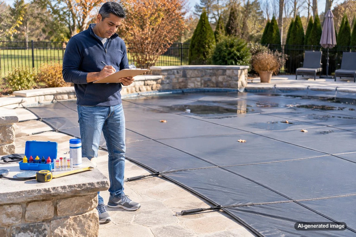 Pool owner recording water level and closing-day measurements beside a residential swimming pool before winter