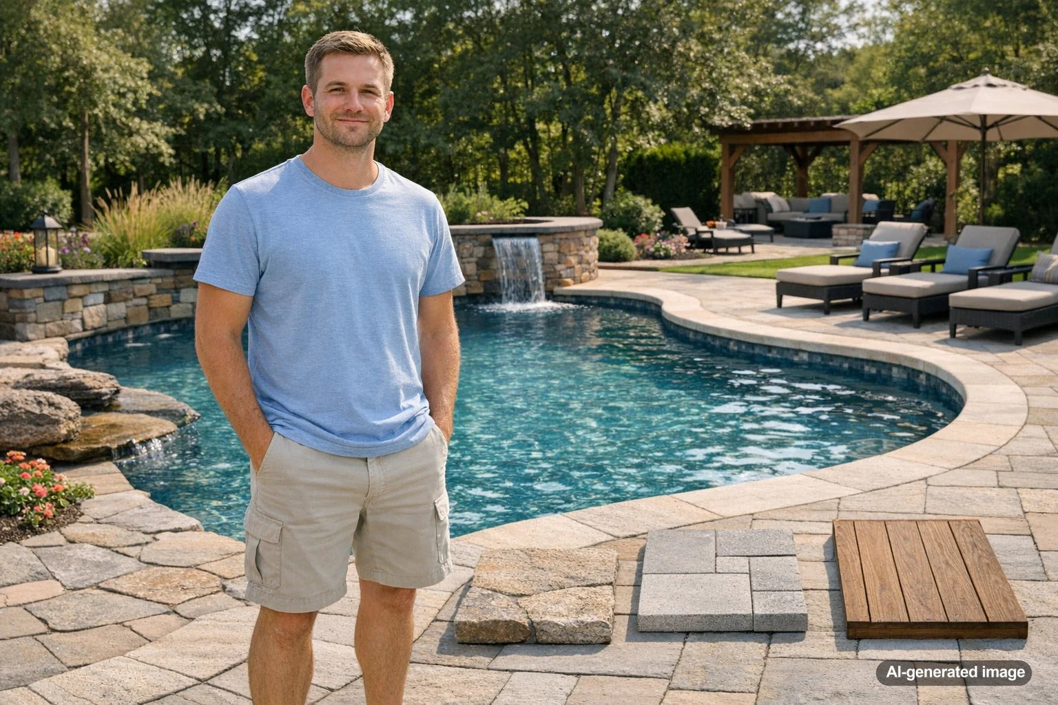 Pool patio and coping materials around a backyard swimming pool