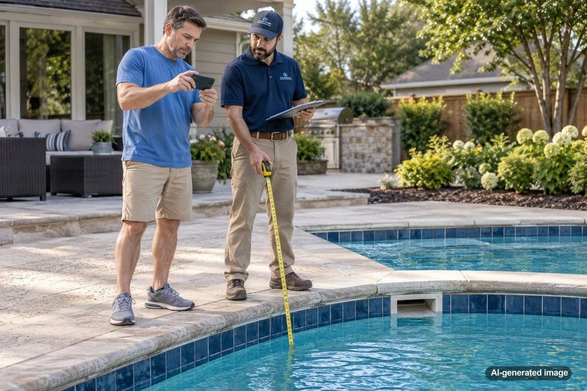 Pool owner documenting water level measurements and equipment photos to help a leak detection professional diagnose possible pool water loss