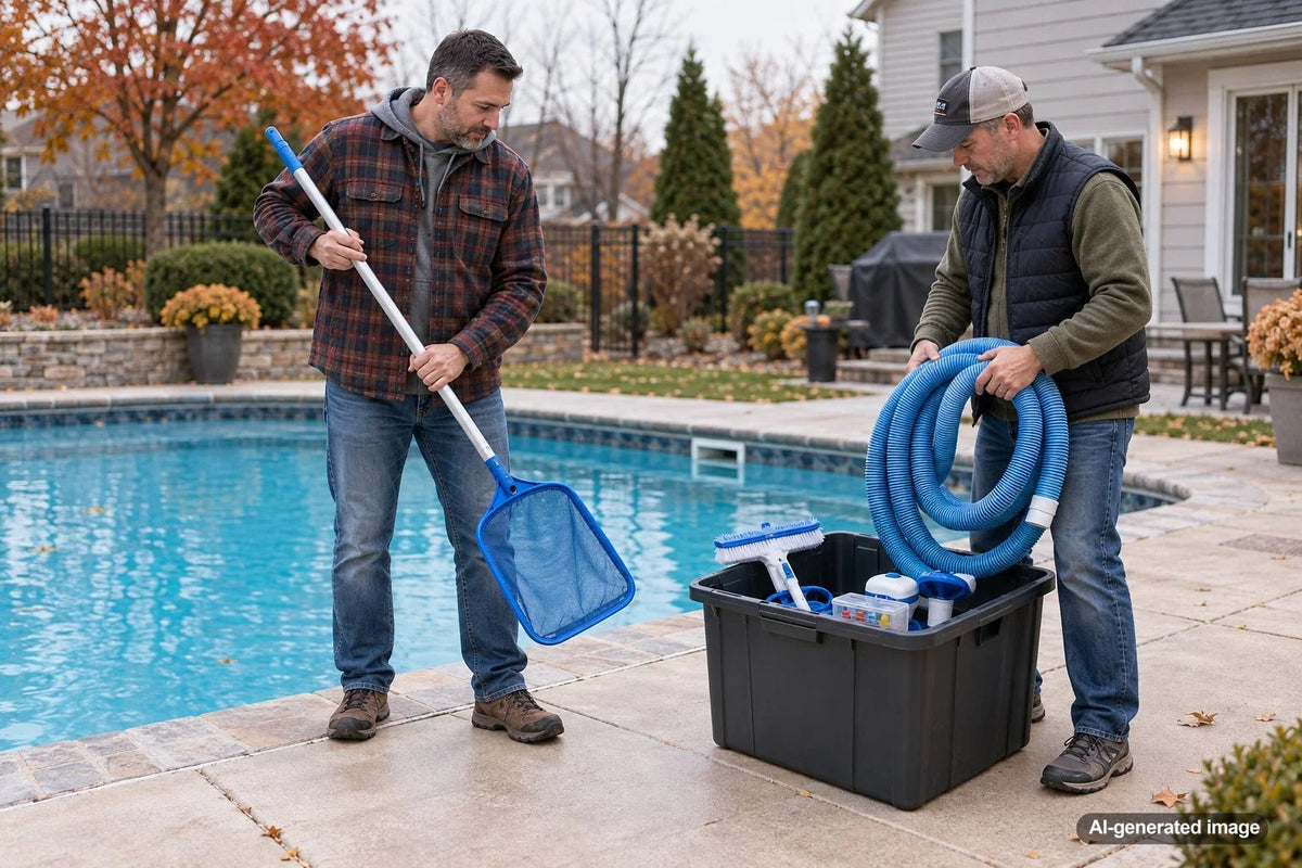 Pool accessories being gathered and stored before the first winter freeze