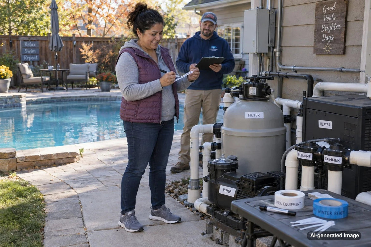 Pool owner labeling valves and equipment at a residential pool equipment pad before winter closing