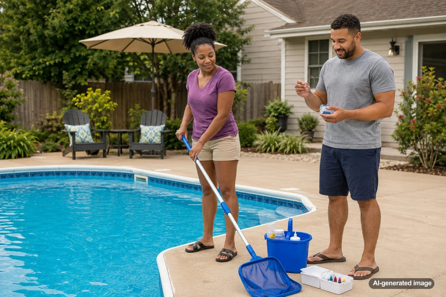 Pool homeowner performing beginner-friendly swimming pool maintenance beside a residential backyard pool