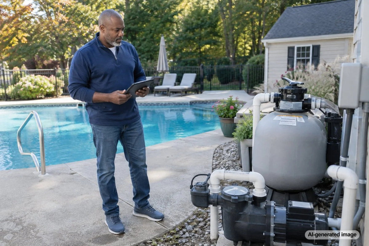 Backyard swimming pool being inspected and prepared for seasonal closing before winter
