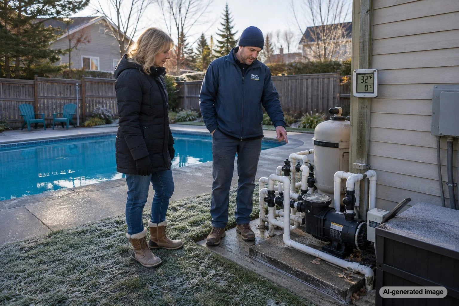 Pool plumbing and equipment exposed to freezing winter temperatures