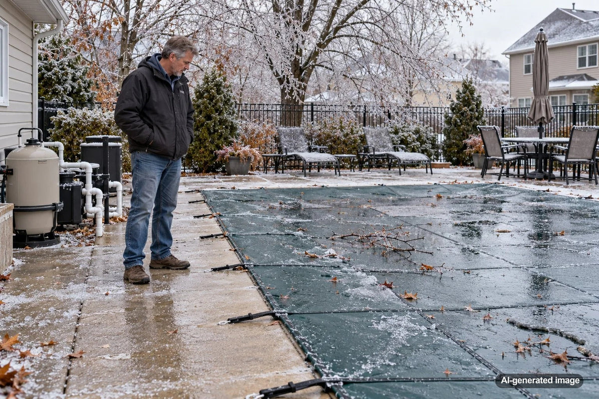 Closed backyard swimming pool covered with snow and ice after a winter ice storm, illustrating important winter pool inspection checks