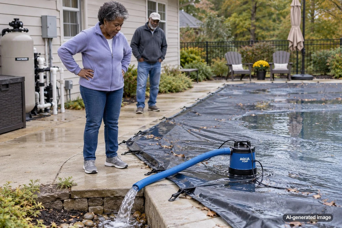 Pool cover pump removing accumulated water from a covered residential swimming pool