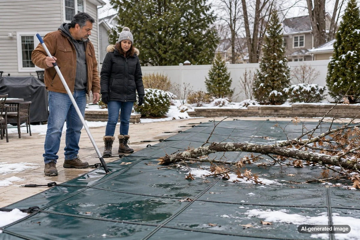 Large fallen tree branch resting on a winter swimming pool cover in a residential backyard after a storm