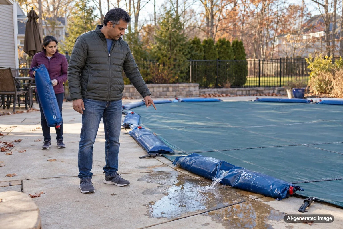 Burst water bag beside a solid winter swimming pool cover on a residential pool deck