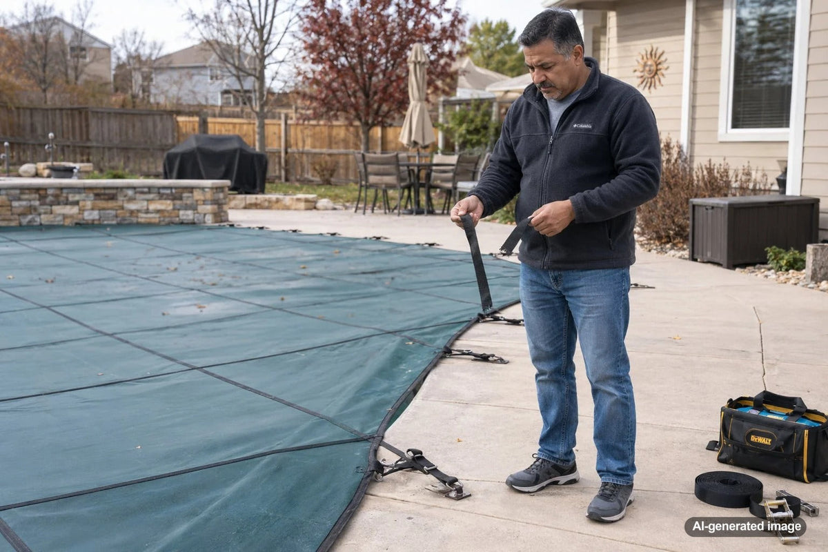 Winter swimming pool safety cover with straps secured around a residential pool