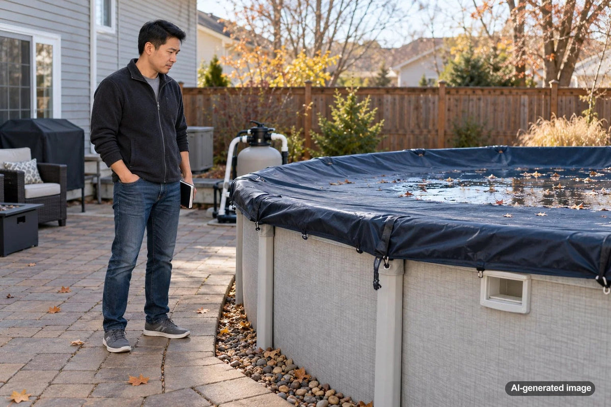 Above-ground swimming pool covered for winter with water loss concerns beneath the protective cover