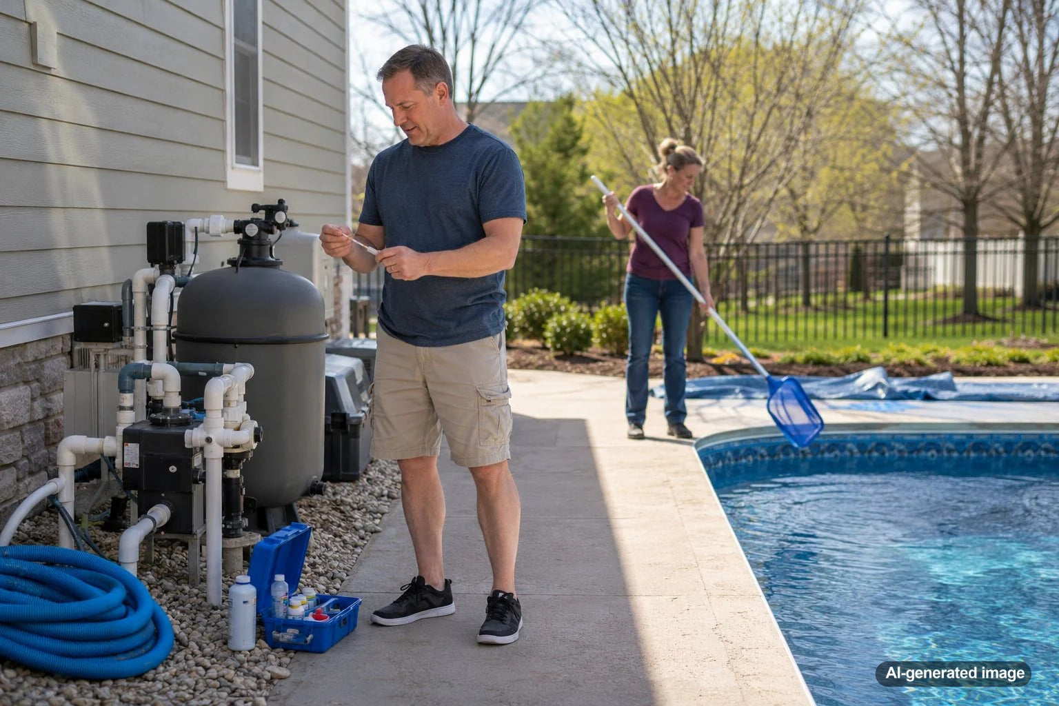 Homeowner opening a backyard swimming pool and preparing it for the season