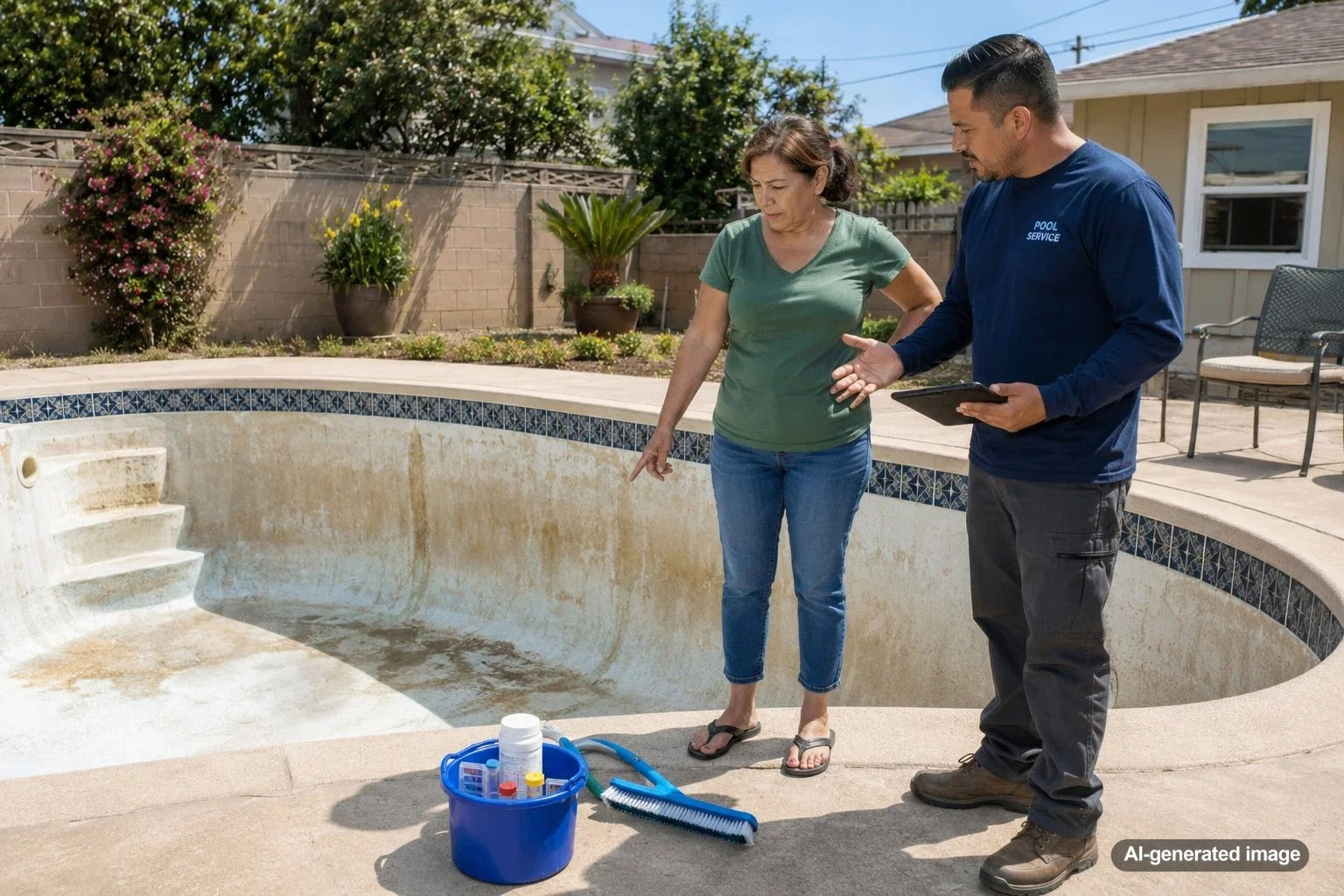 Swimming pool with a clean plaster surface being evaluated for professional acid washing