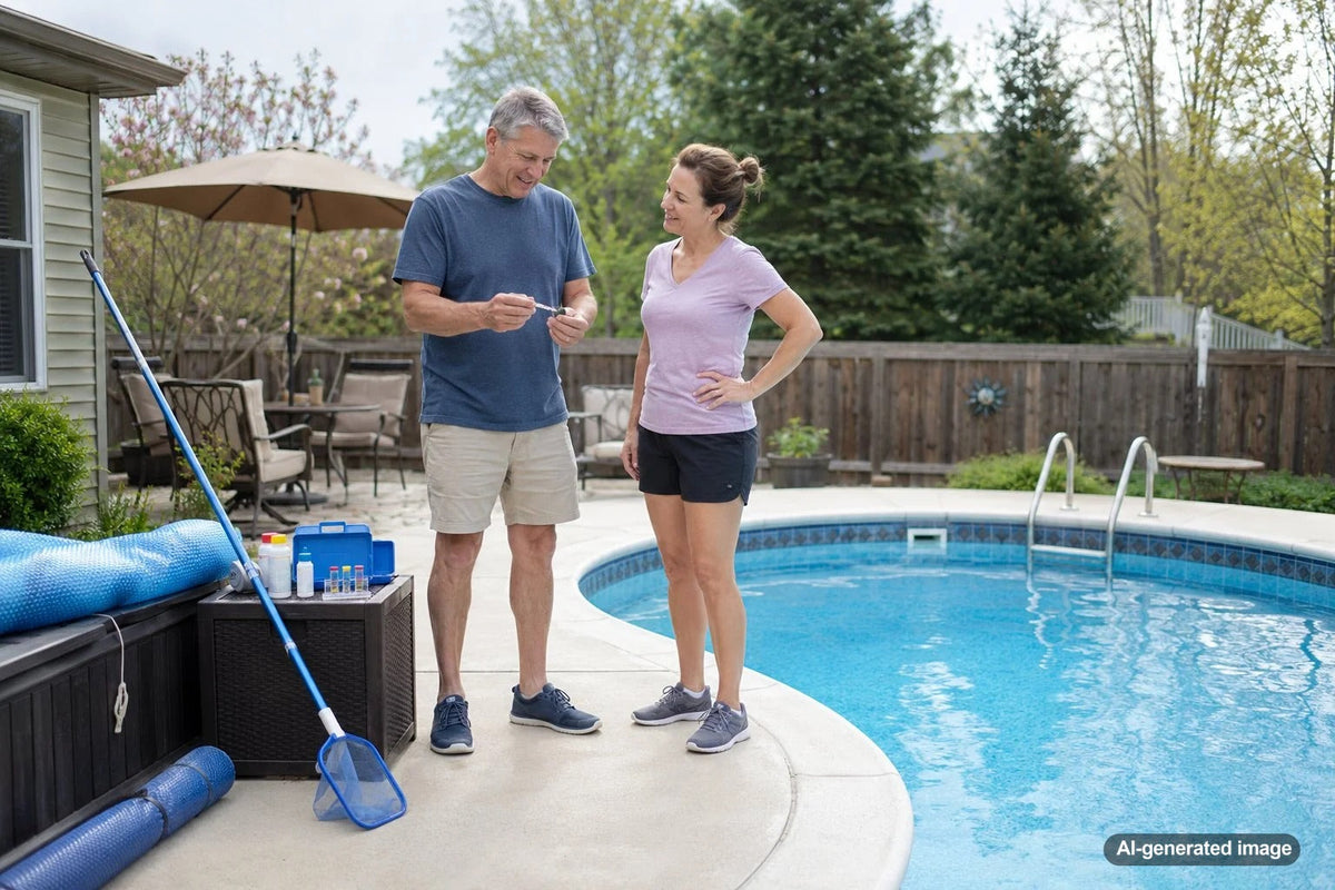 Backyard swimming pool being opened and prepared for the spring swimming season