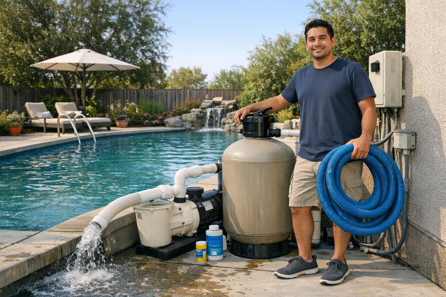 Backyard swimming pool with clear water, helping homeowners understand when pool draining may be necessary