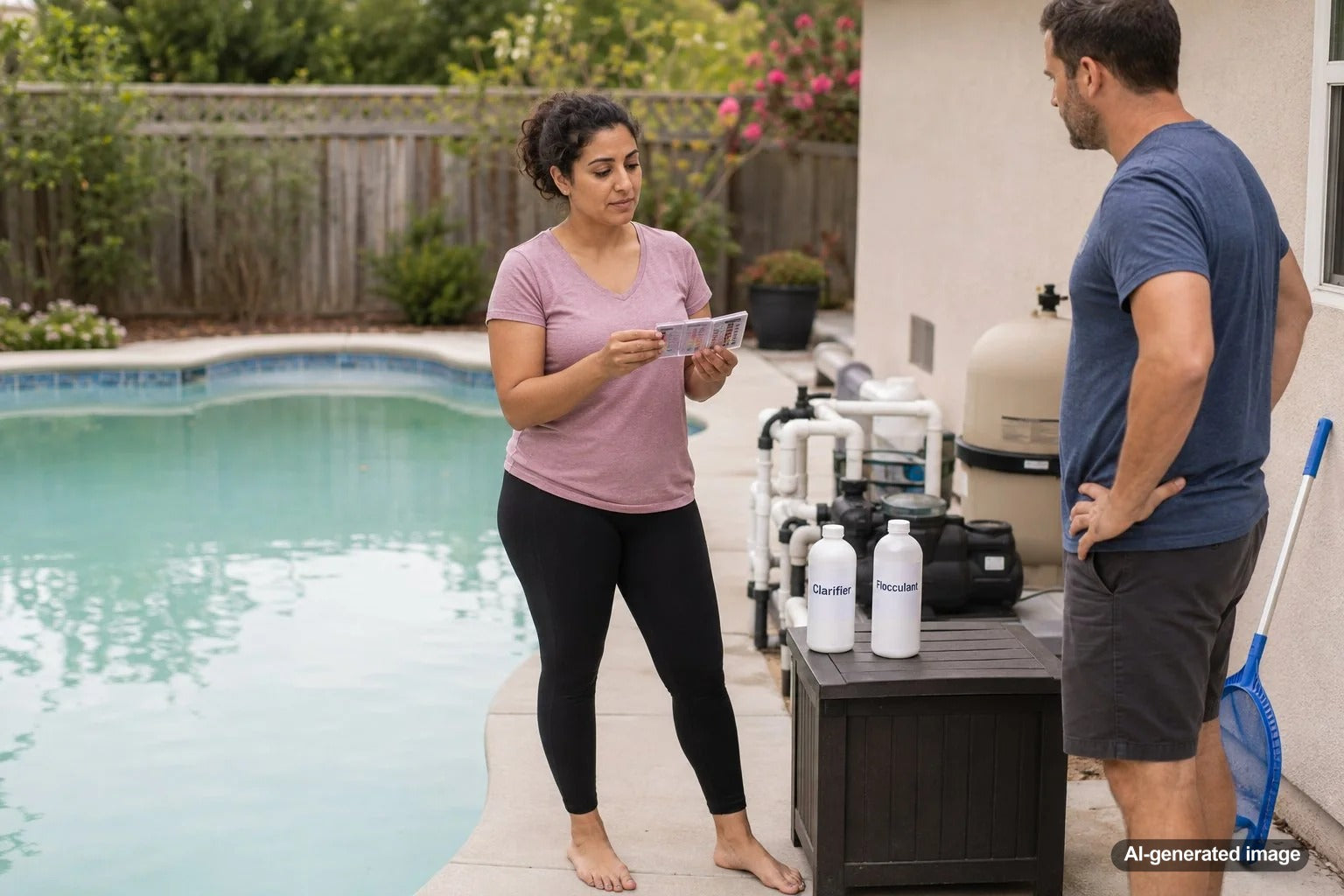 Cloudy swimming pool water being treated while a homeowner decides between pool flocculant and clarifier
