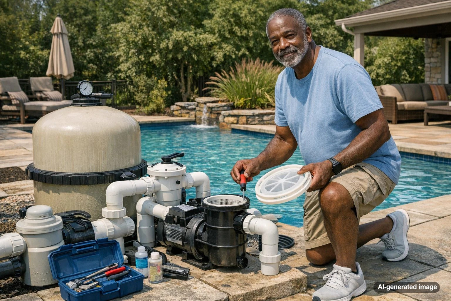 Pool equipment pad being evaluated during a backyard swimming pool remodel