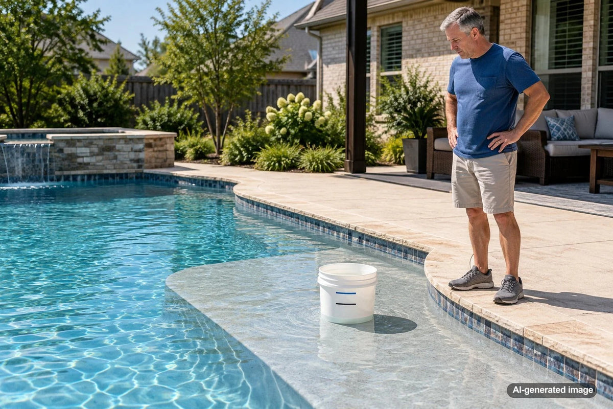 Swimming pool tanning ledge with shallow blue water showing a suitable area for positioning a bucket test away from bubblers and water movement