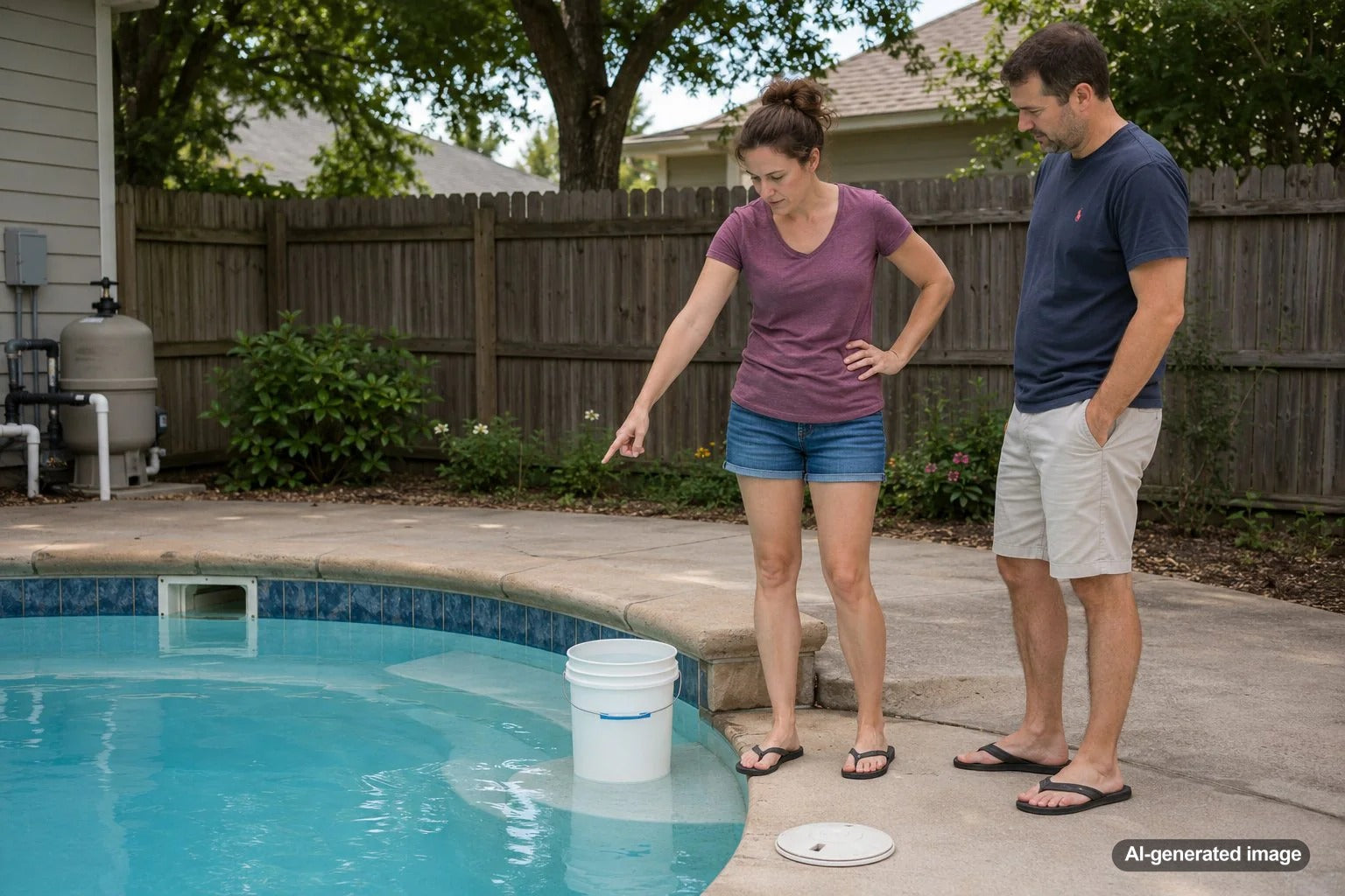 Pool owner performing a bucket test on a swimming pool step before calling for leak repair