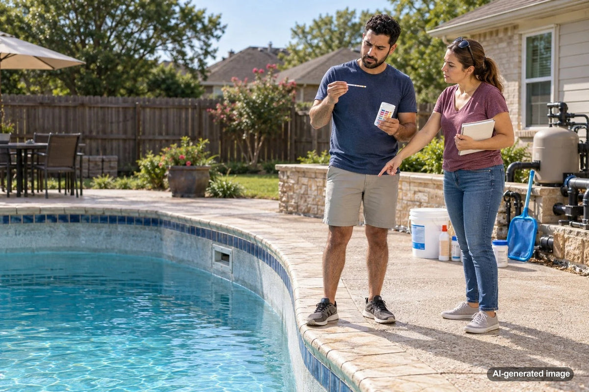 Residential swimming pool with clear water and pool maintenance testing supplies illustrating how unexplained water loss can affect chemical balance