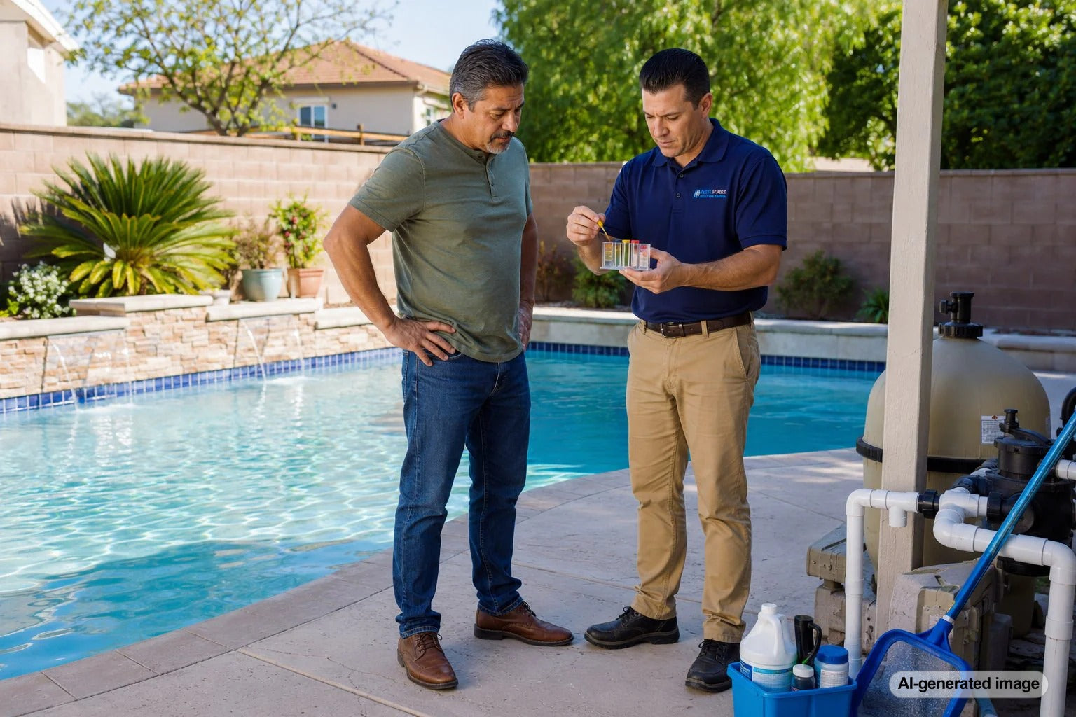 Clear backyard swimming pool that may still have hidden maintenance or water loss problems