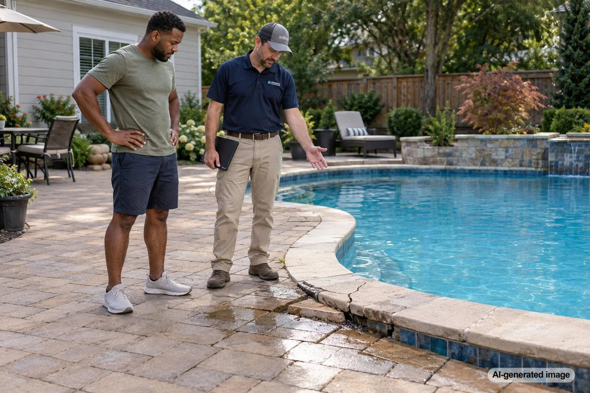 Pool deck and pavers showing settlement near a swimming pool where a small leak may be affecting the supporting hardscape