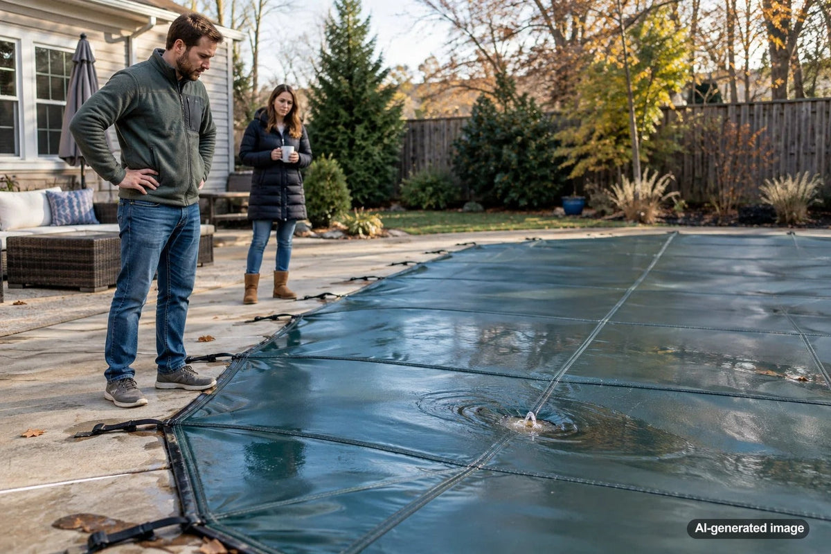 Solid swimming pool cover with a small hole that can contribute to unexpected pool water loss