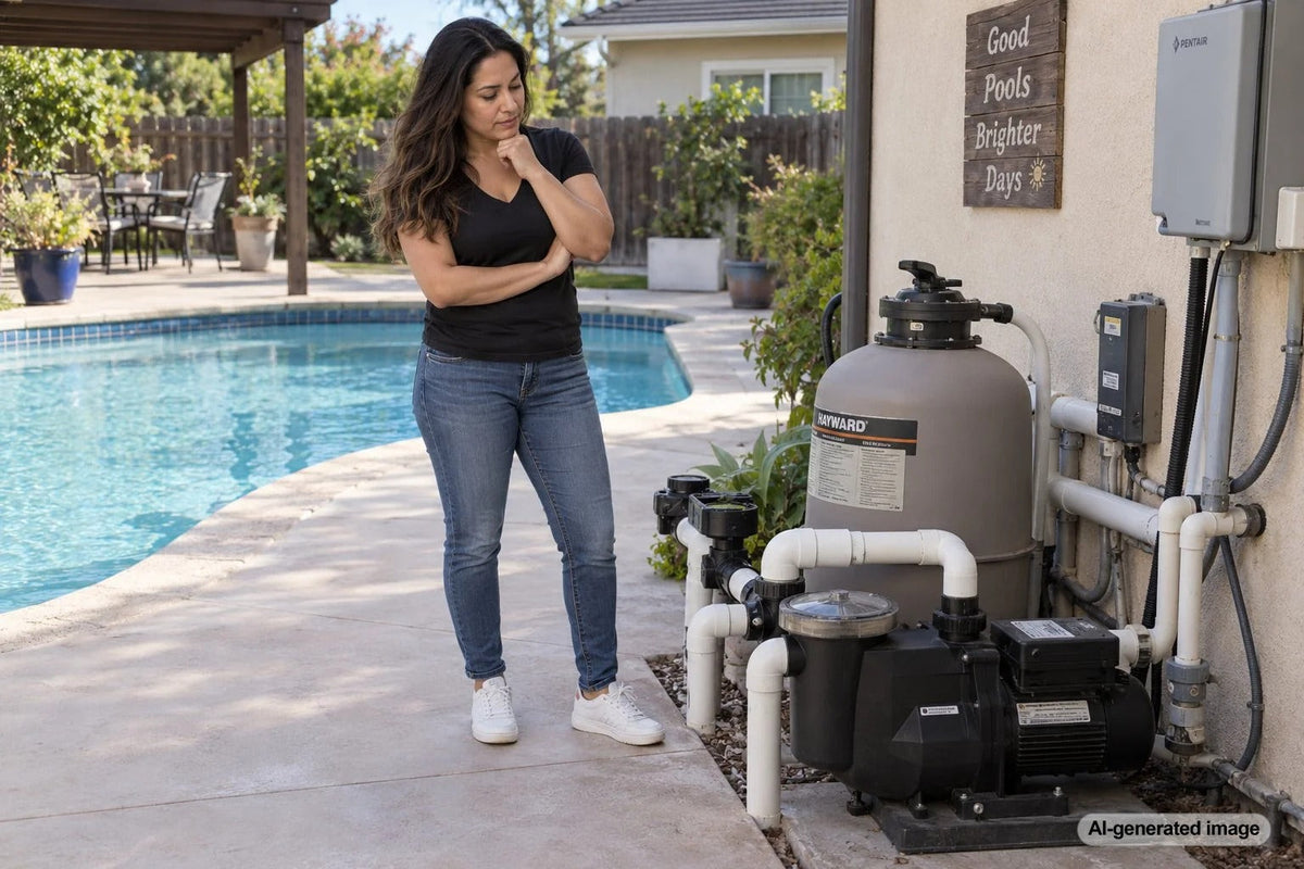 Commercial swimming pool circulation pump and filtration equipment in a large pool equipment room