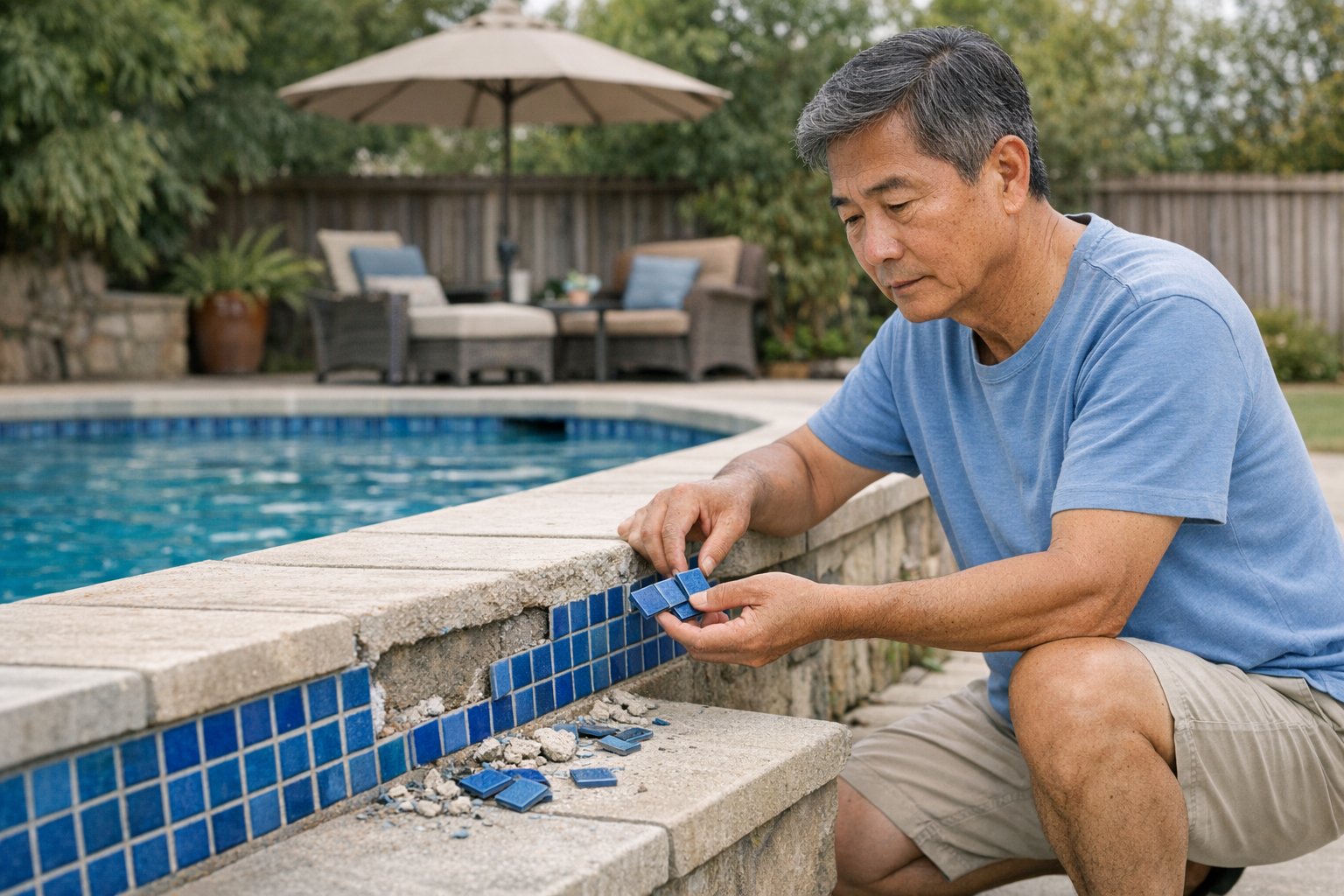 Loose swimming pool tiles falling off near the waterline