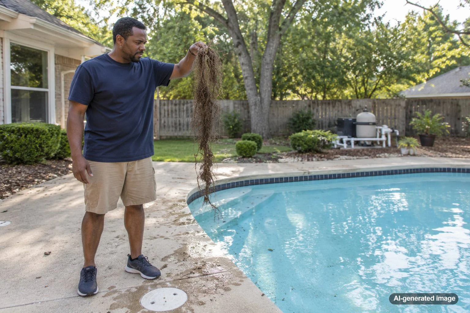 Tree roots near a backyard swimming pool causing concern about pool damage and water loss