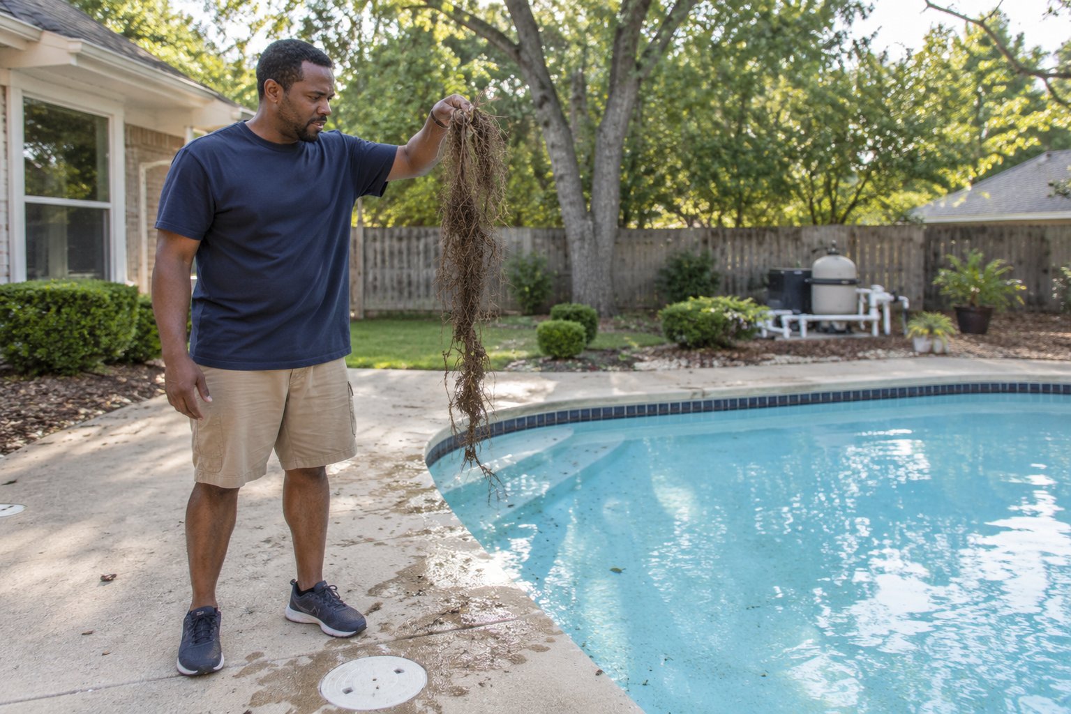 Tree roots near a backyard swimming pool causing concern about pool damage and water loss