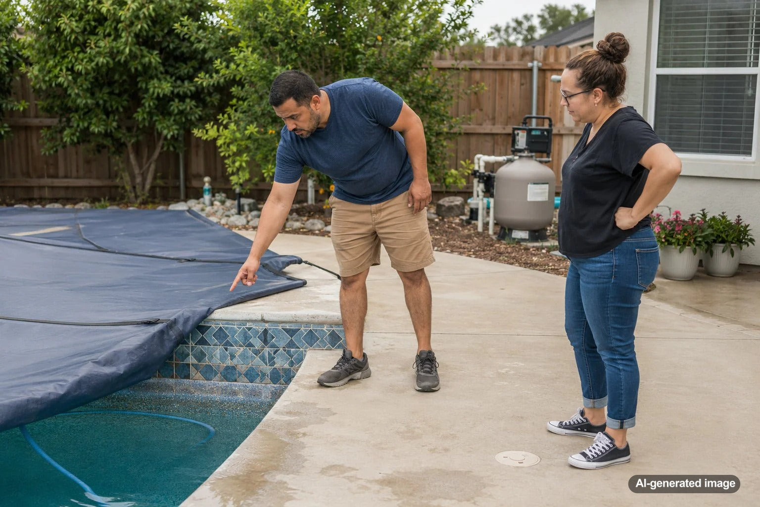 Covered backyard swimming pool showing how pools can still lose water from evaporation or possible leaks