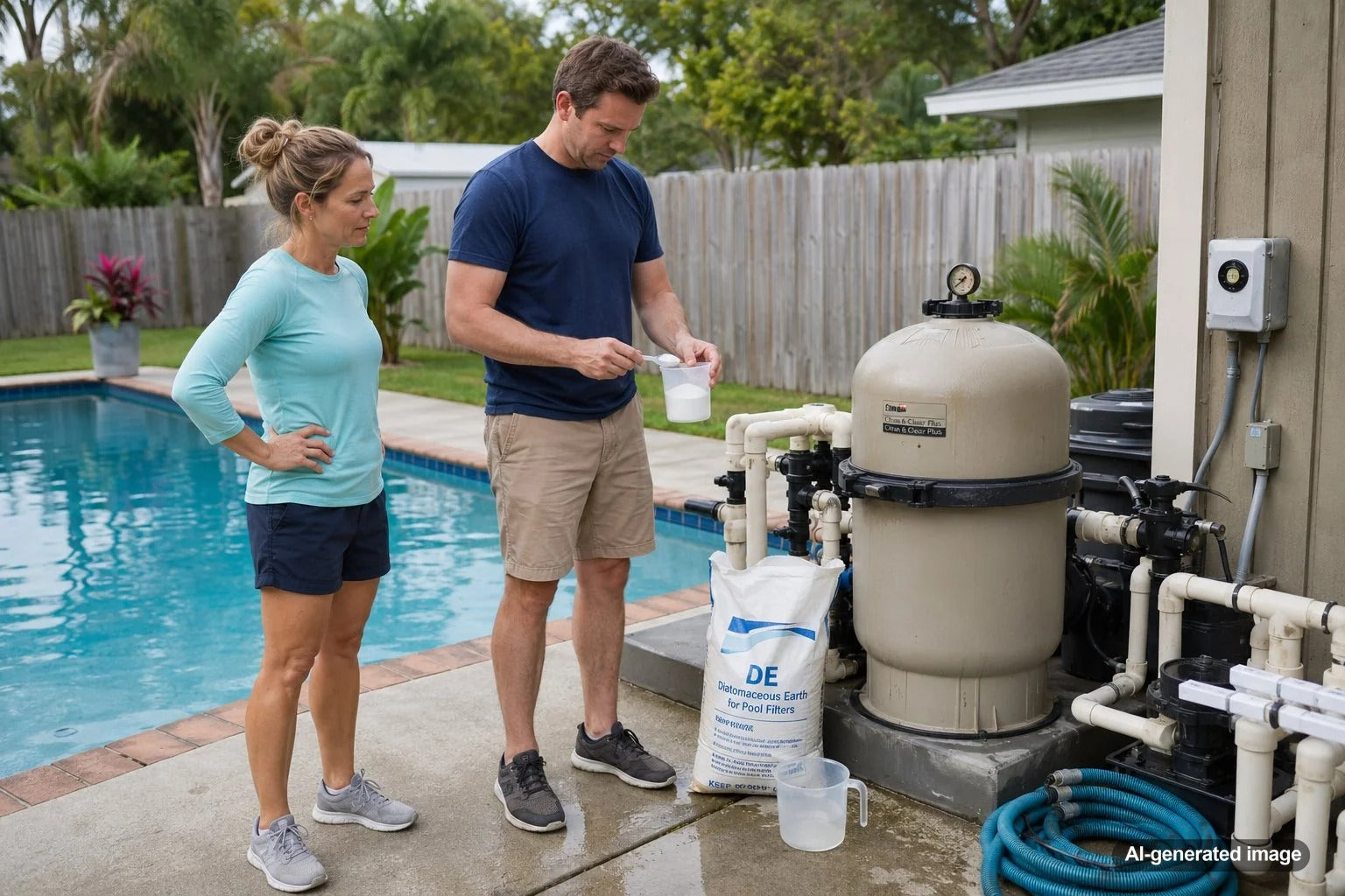 Pool owner carefully recharging a diatomaceous earth filter at a residential pool equipment pad