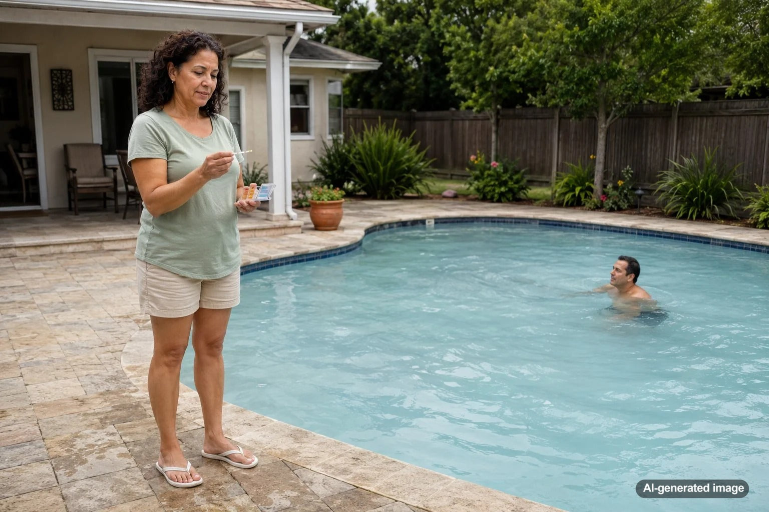 Swimmers enjoying a backyard pool with slightly cloudy water after heavy use