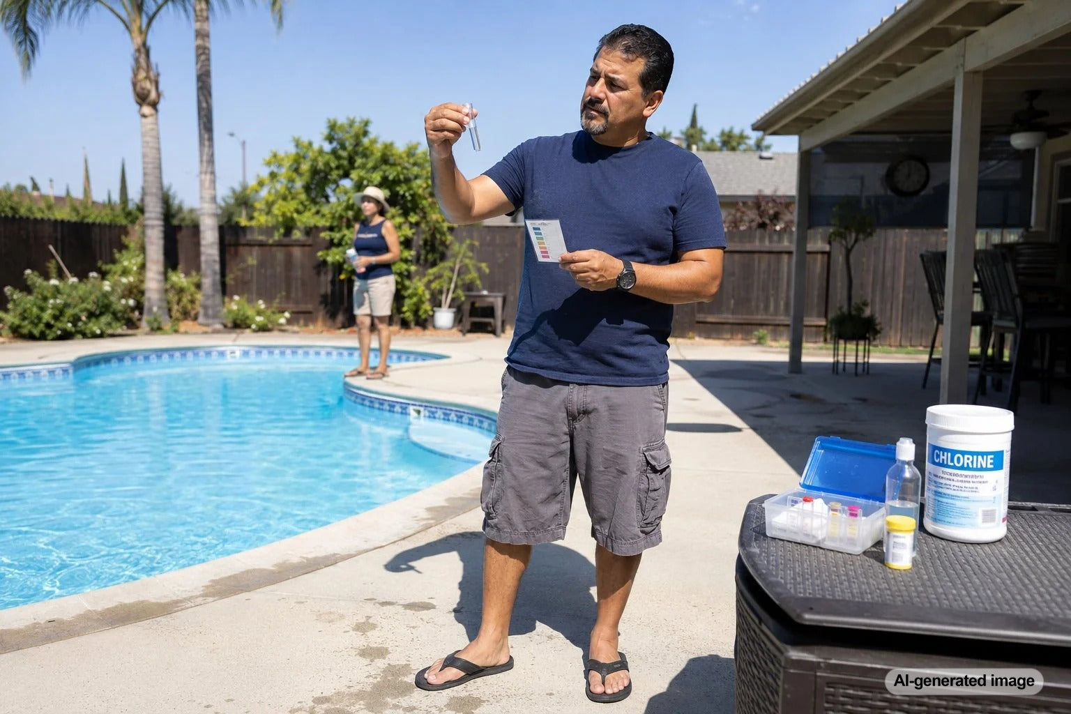 Pool owner testing chlorine levels beside a sunny swimming pool on a hot summer day