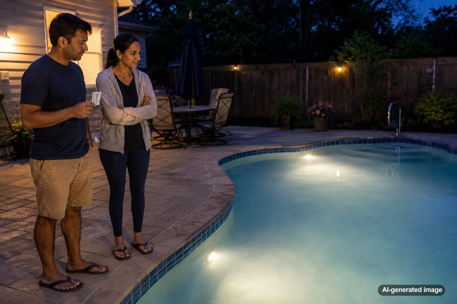 Swimming pool appearing cloudy under underwater lights at night