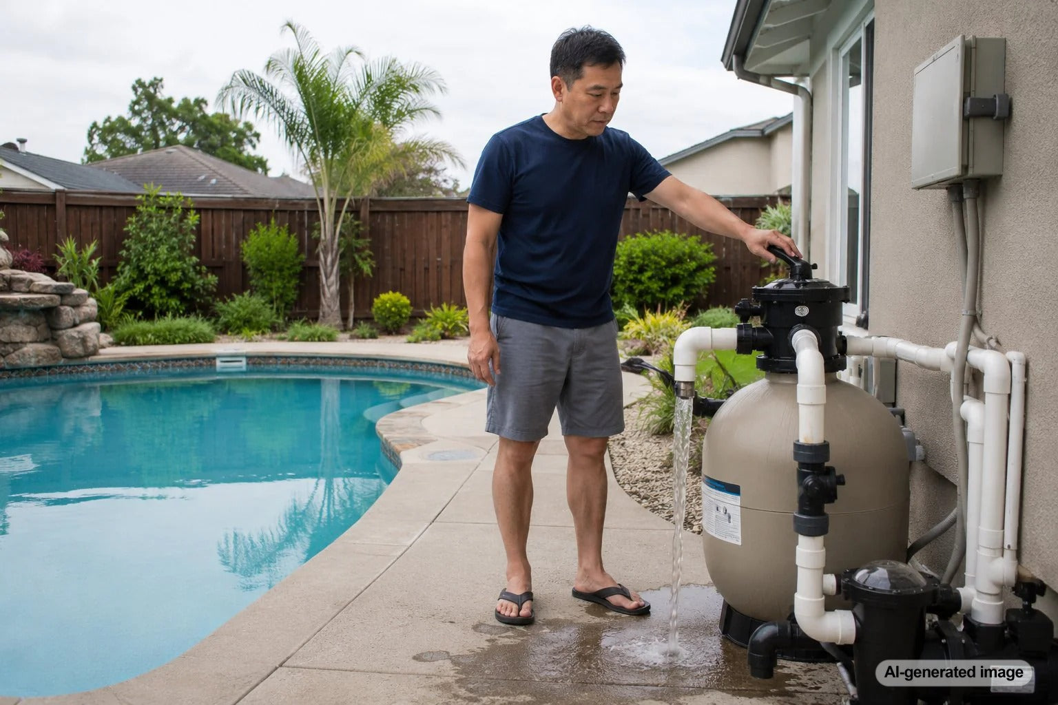 Pool owner checking water loss after backwashing a swimming pool filter