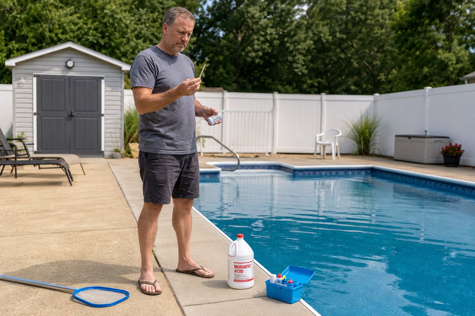 Pool owner testing pool water pH to understand why the pool needs acid every week